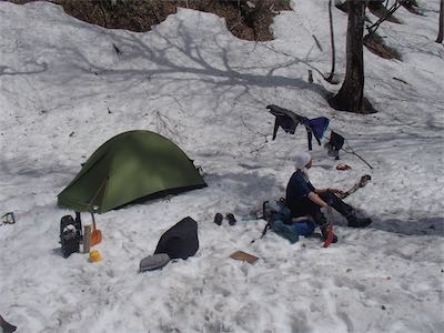 安堵のテン場で物干し中